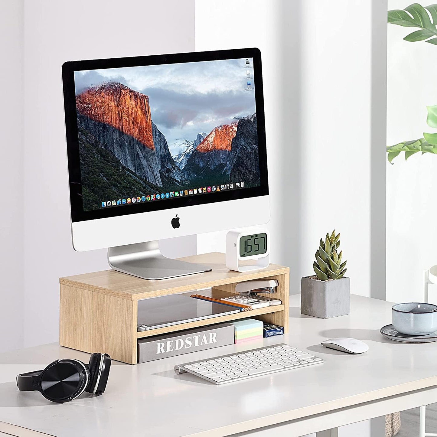 Wooden Computer Monitor Stand with 2 Tiers - Desk Organiser