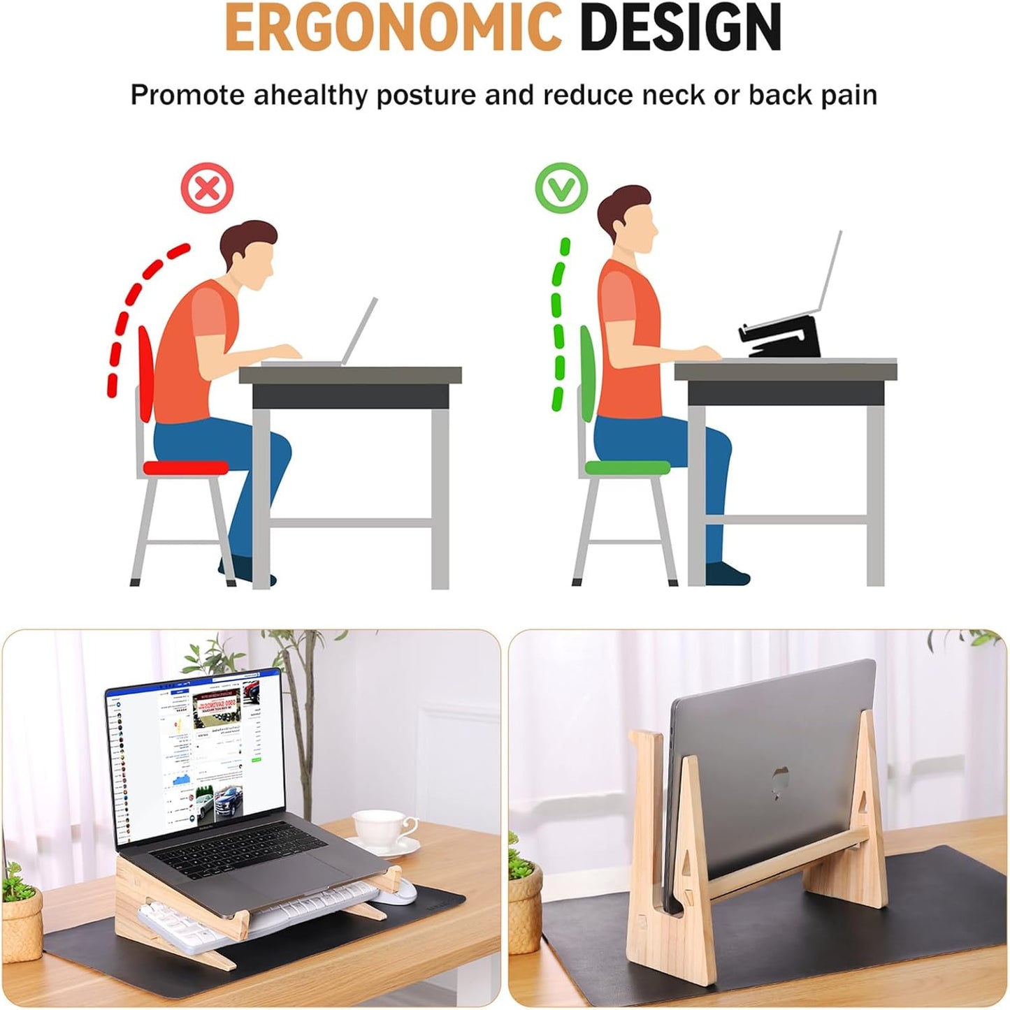 Wood Laptop Stand for Desk (for Macbook Pro/Air, Dell, HP, Lenovo with 13.3 to 17.3 Inches Laptops)