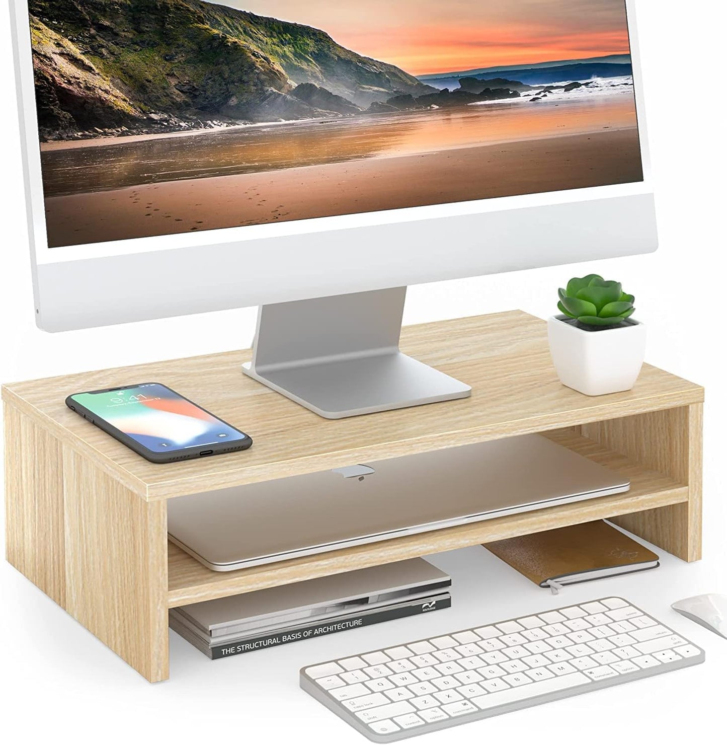 Wooden Computer Monitor Stand with 2 Tiers - Desk Organiser